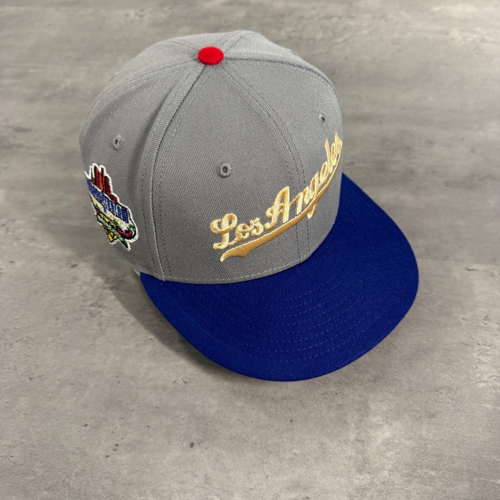 New Era Los Angeles Dodgers Hat 7 1/8 Grey Gold Spellout Away Mag Park Exclusive